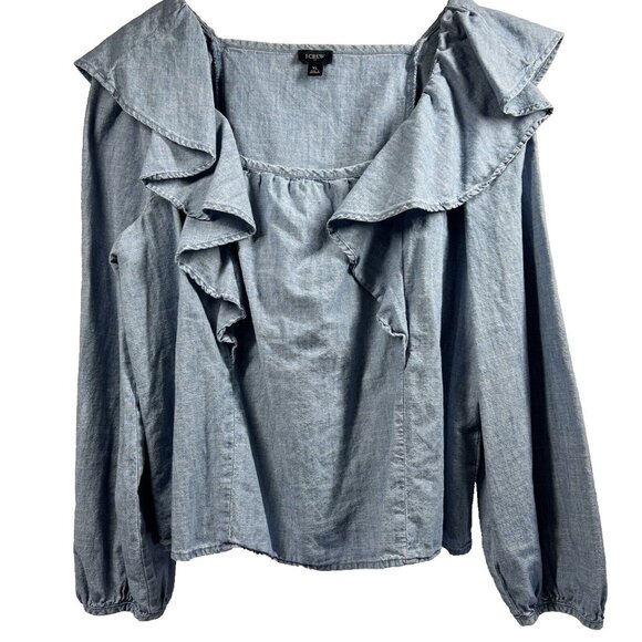 J.CREW Tops - J Crew Women's Top Size XL 100% Cotton Denim Blue Ruffles Long Sleeve Pullover